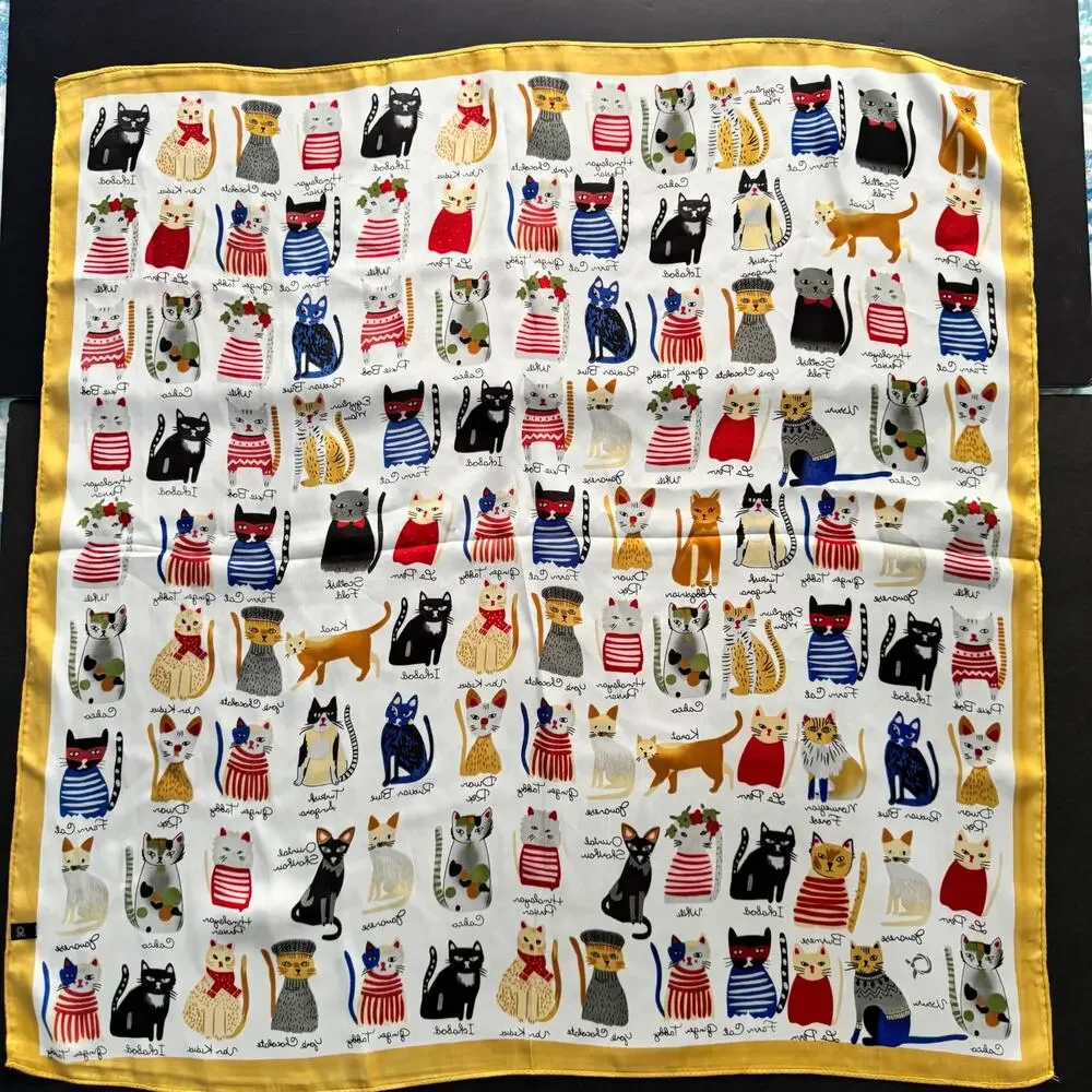 Colorful Cat Breed Print Square Scarf Silky Polyester Neck Hair Purse Accessory